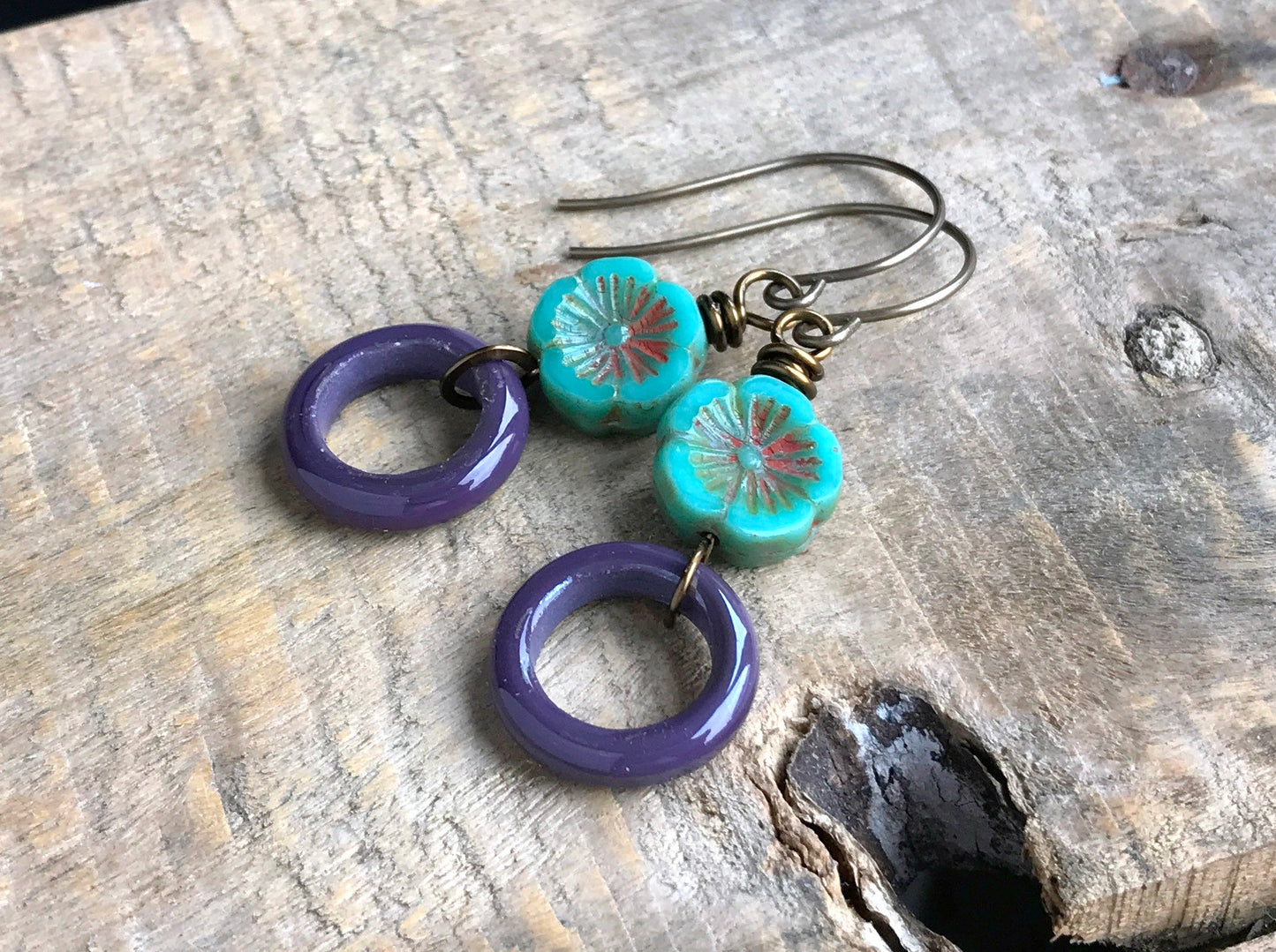 Boho Chic Floral Hoops, Artisan Lampwork Earrings, Unique Colourful Jewellery for Summer