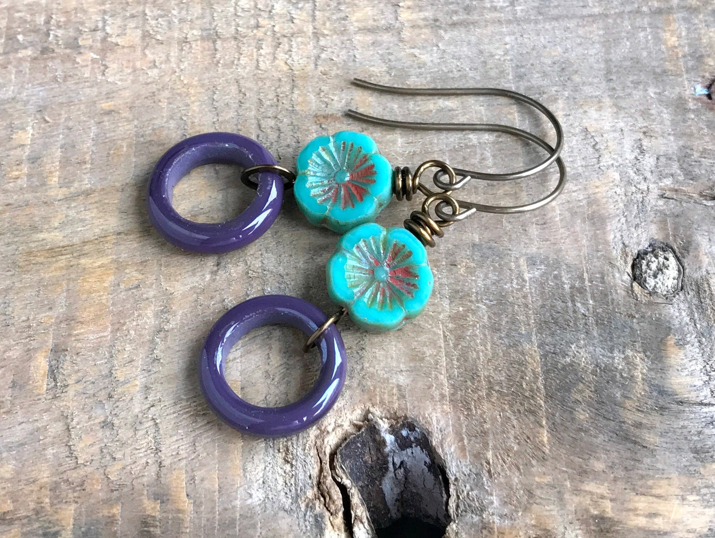 Boho Chic Floral Hoops, Artisan Lampwork Earrings, Unique Colourful Jewellery for Summer