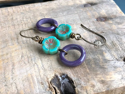 Boho Chic Floral Hoops, Artisan Lampwork Earrings, Unique Colourful Jewellery for Summer