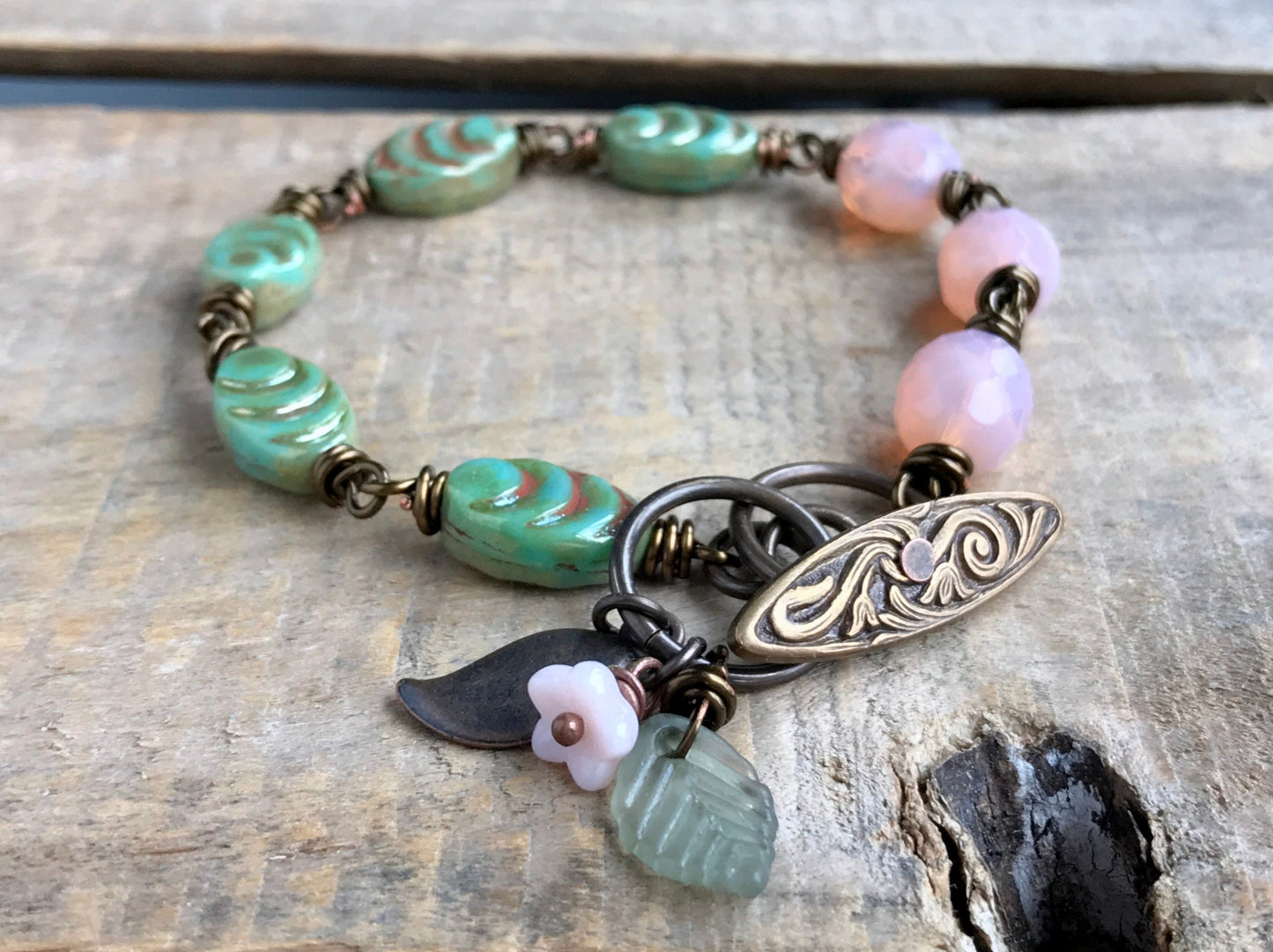 Handmade Pink & Green Czech Glass Bracelet - Feminine Rustic Beaded Jewellery - Spring Inspired