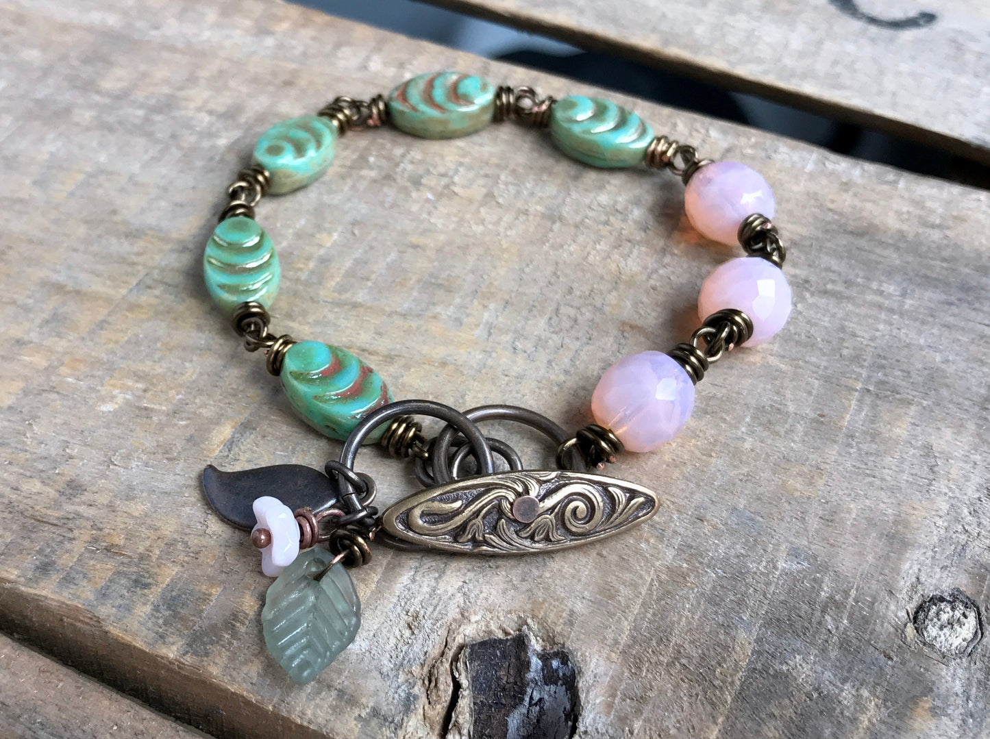 Handmade Pink & Green Czech Glass Bracelet - Feminine Rustic Beaded Jewellery - Spring Inspired