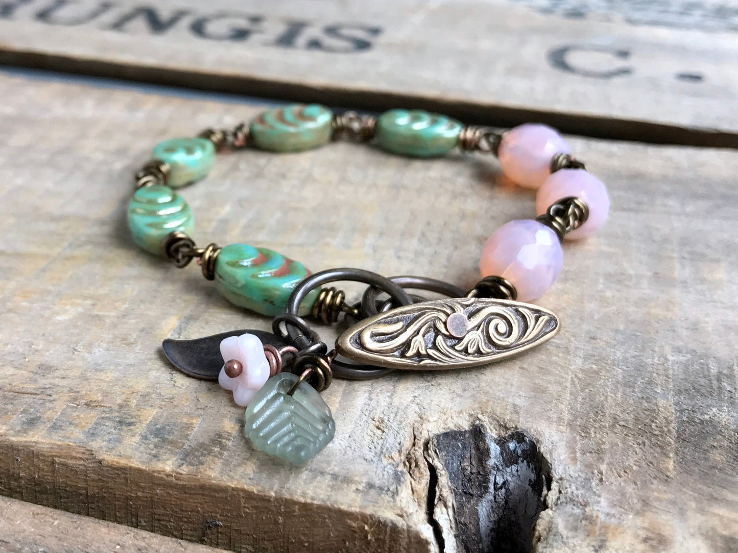 Handmade Pink & Green Czech Glass Bracelet - Feminine Rustic Beaded Jewellery - Spring Inspired