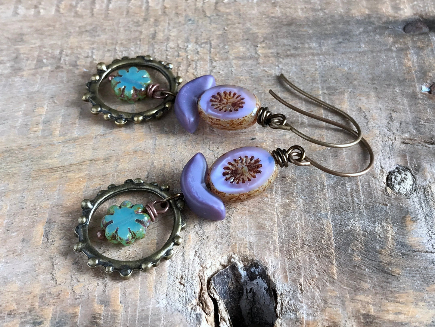 Colourful Lilac & Aqua Glass Bead Earrings - Bohemian Style Dangle Earrings, Lightweight Stacked Design