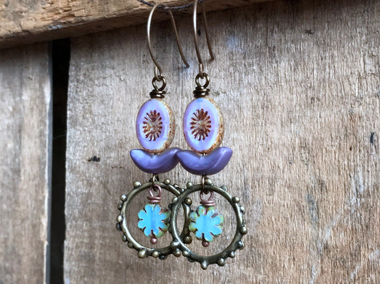 Colourful Lilac & Aqua Glass Bead Earrings - Bohemian Style Dangle Earrings, Lightweight Stacked Design