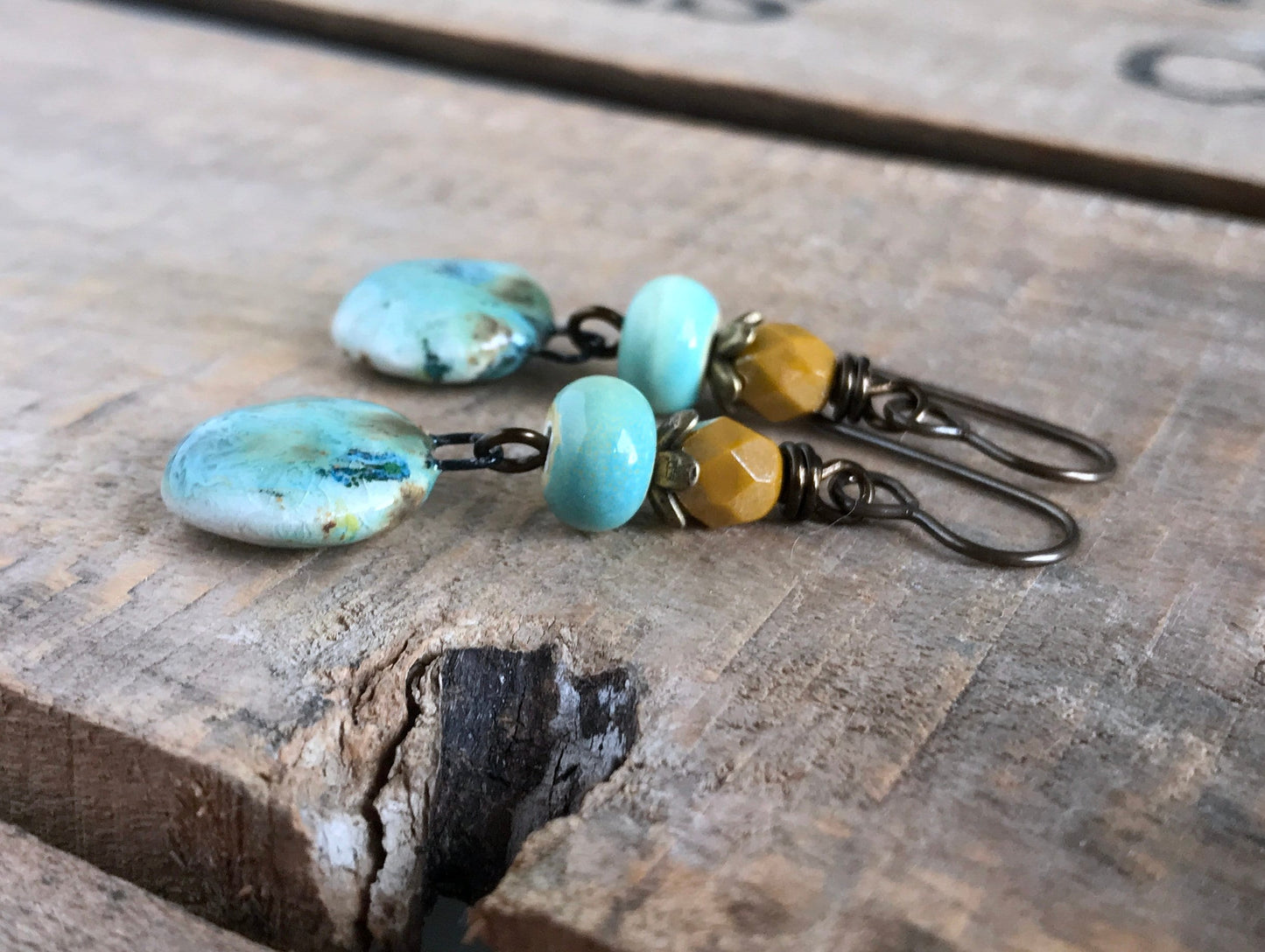 Rustic Yellow & Green Ceramic Dangle Earrings - Artisan Crafted Pottery Jewellery