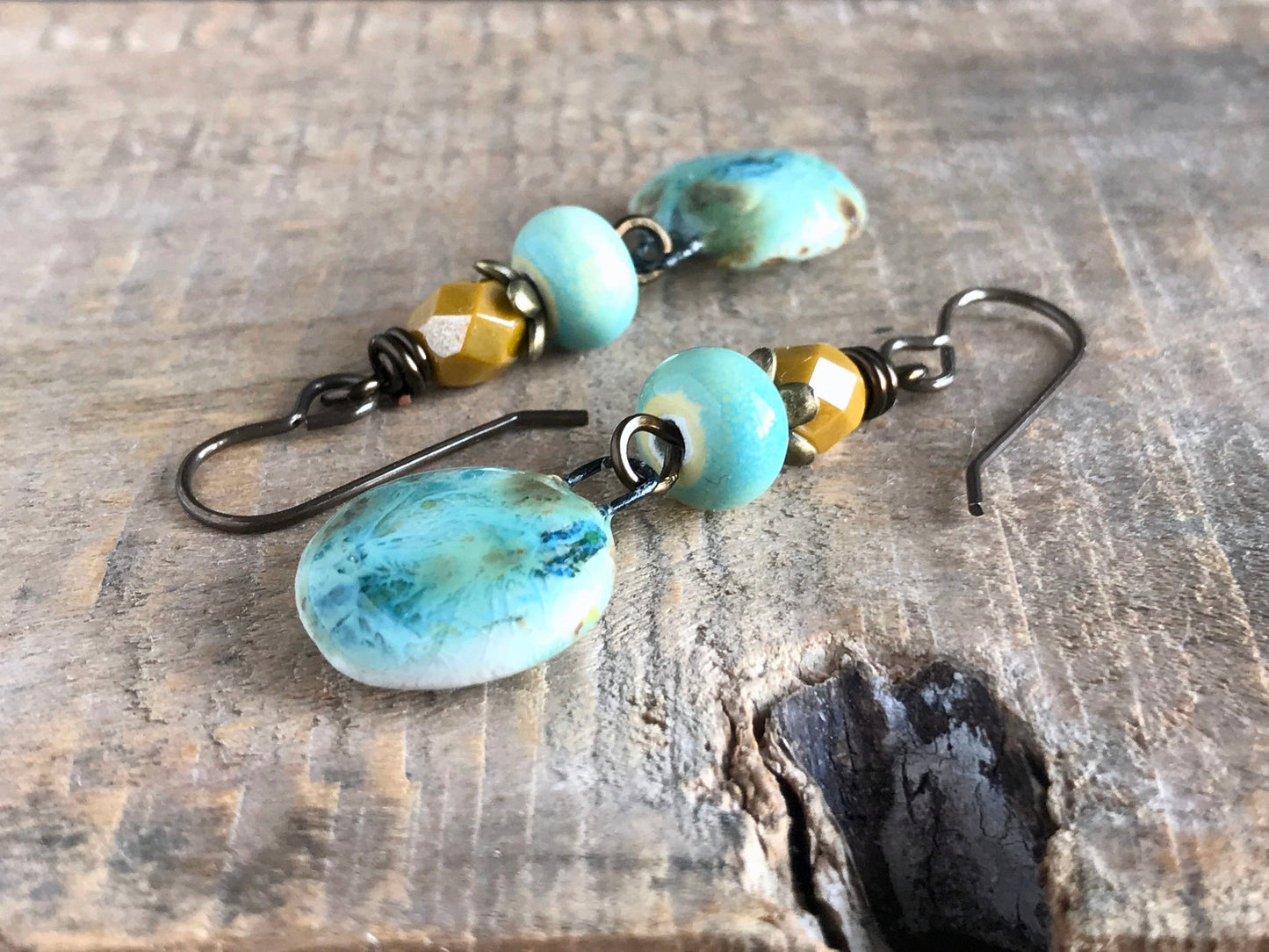 Rustic Yellow & Green Ceramic Dangle Earrings - Artisan Crafted Pottery Jewellery