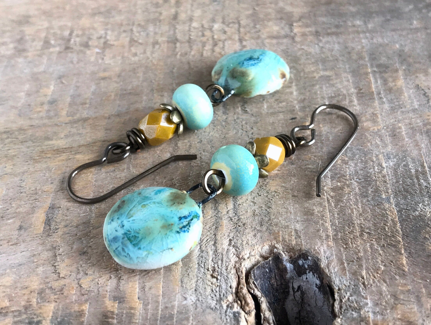 Rustic Yellow & Green Ceramic Dangle Earrings - Artisan Crafted Pottery Jewellery