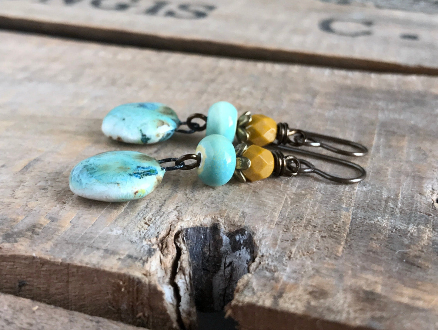 Rustic Yellow & Green Ceramic Dangle Earrings - Artisan Crafted Pottery Jewellery