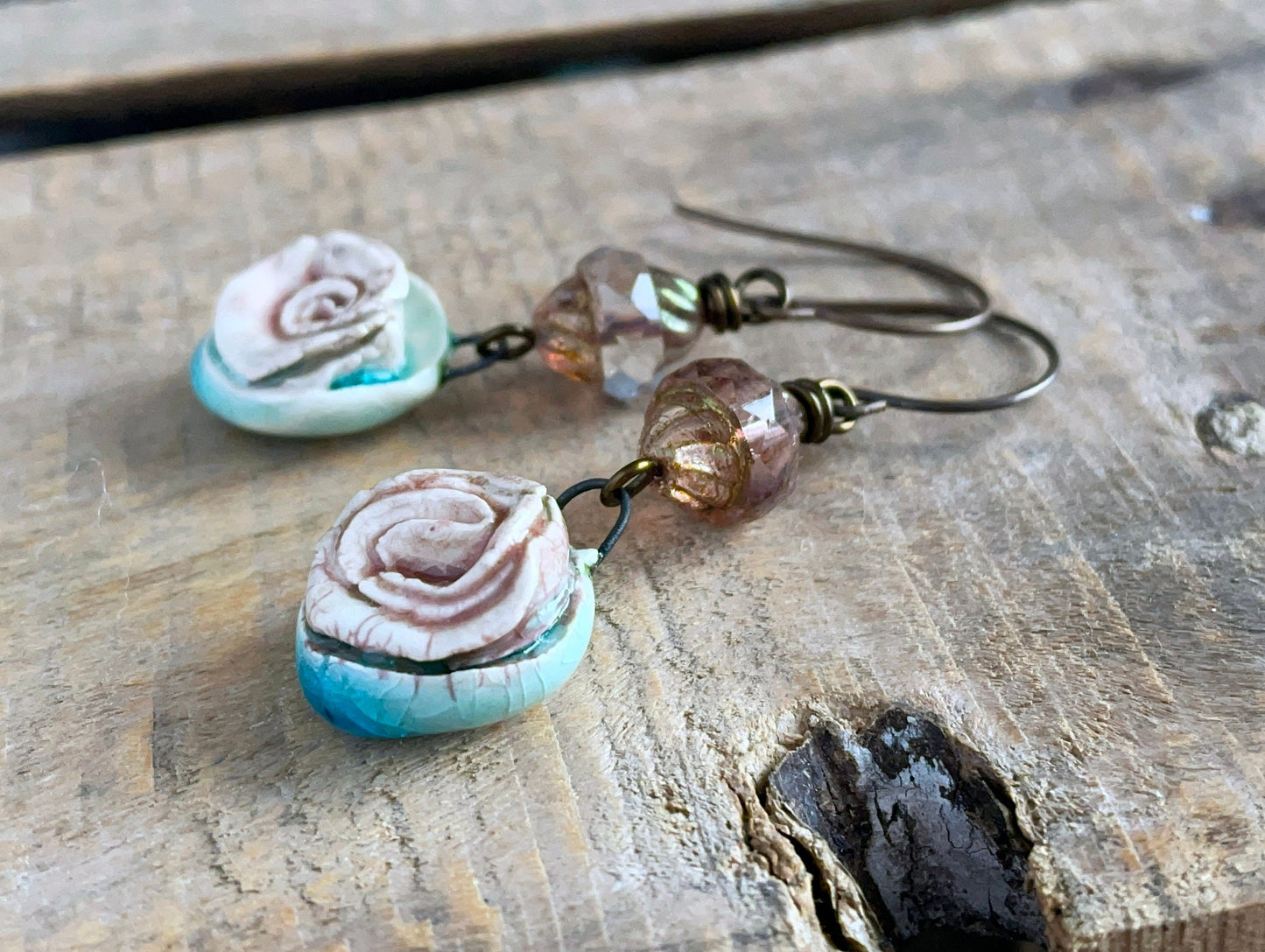 Handcrafted Ceramic Rose Earrings - Nature Inspired Jewellery Gift, One of a Kind