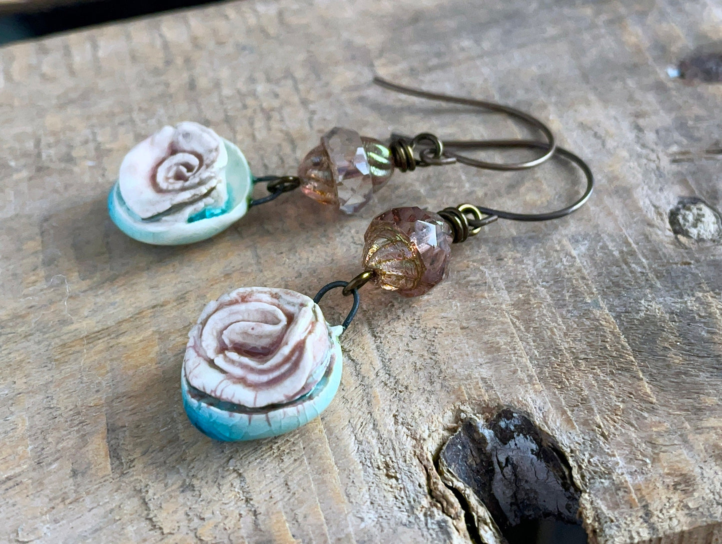 Handcrafted Ceramic Rose Earrings - Nature Inspired Jewellery Gift, One of a Kind