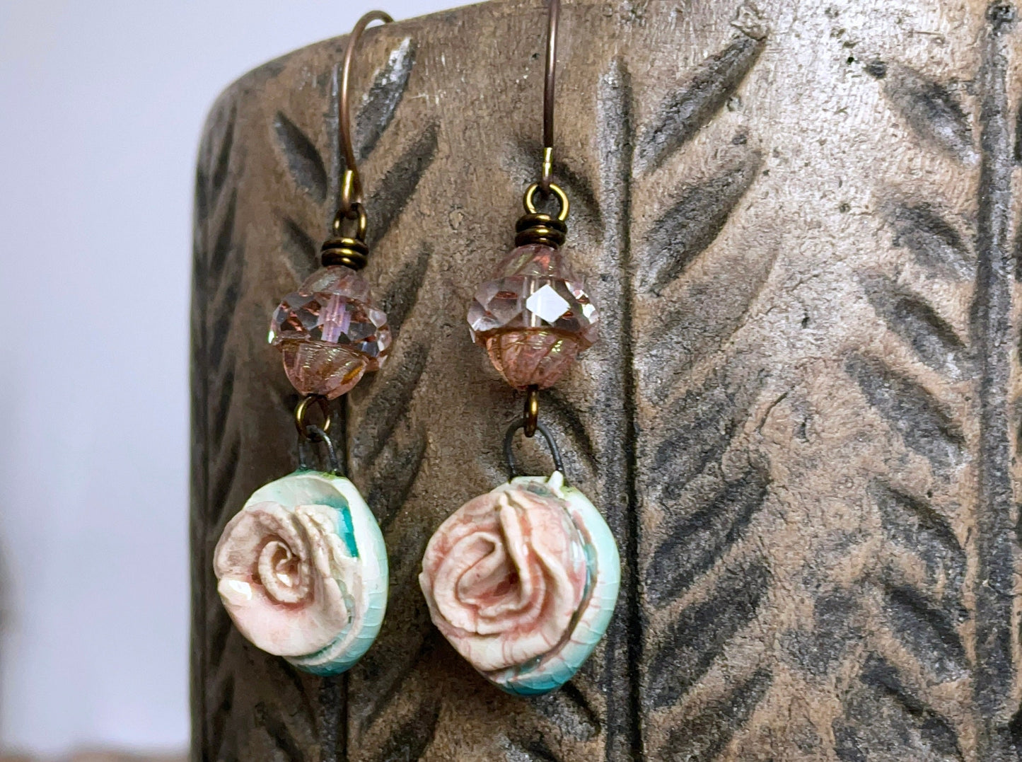 Handcrafted Ceramic Rose Earrings - Nature Inspired Jewellery Gift, One of a Kind