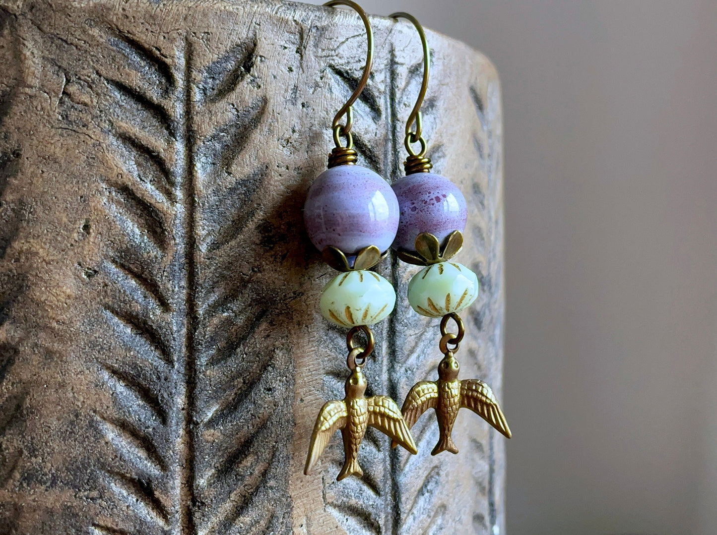 Flying Bird Earrings – Whimsical Boho Style. Purple & Green Dangles. Artisan Handcrafted Jewellery