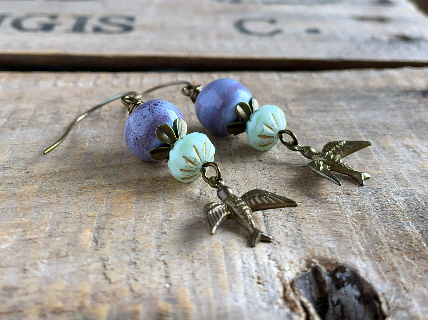 Flying Bird Earrings – Whimsical Boho Style. Purple & Green Dangles. Artisan Handcrafted Jewellery