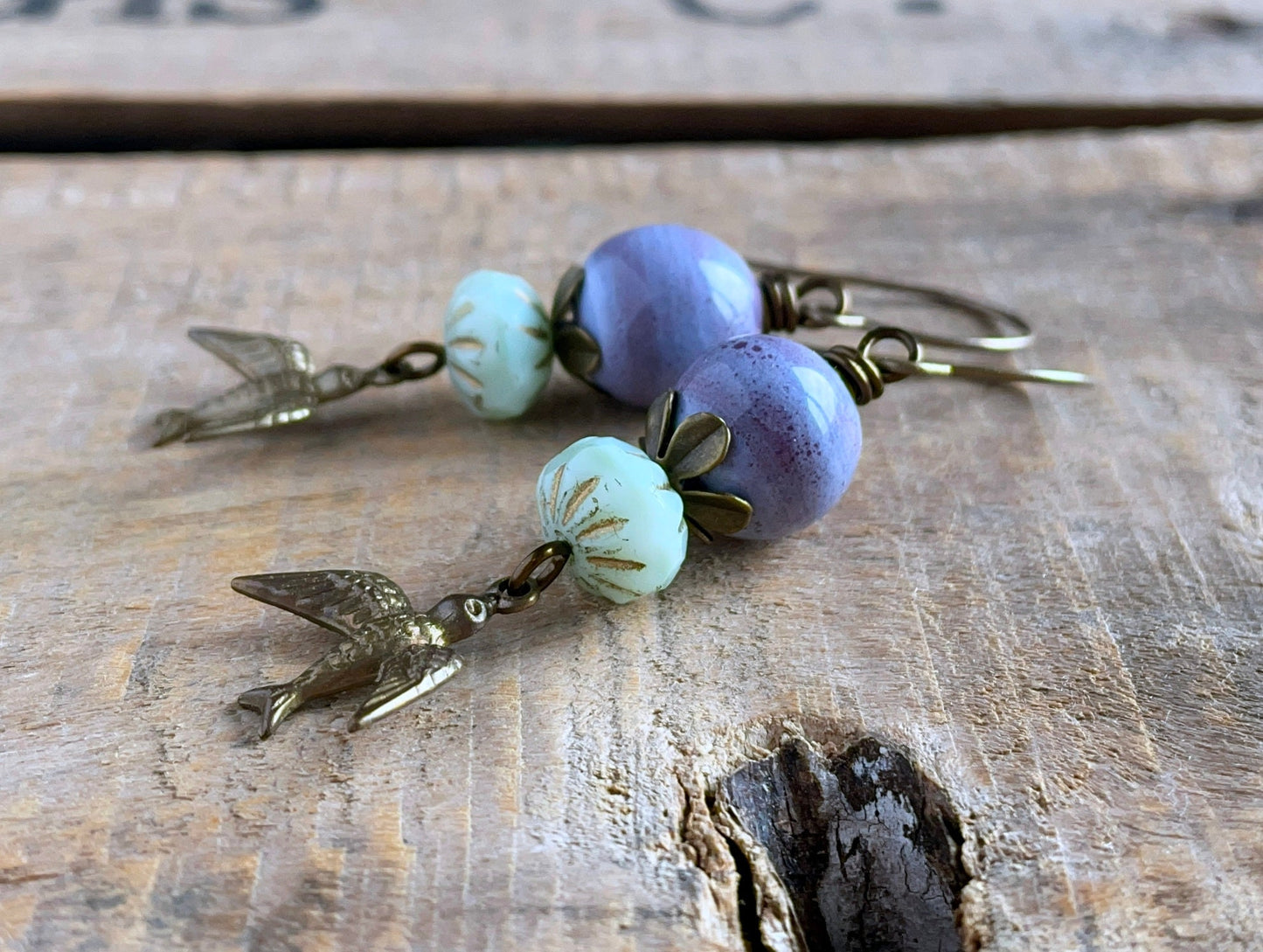 Flying Bird Earrings – Whimsical Boho Style. Purple & Green Dangles. Artisan Handcrafted Jewellery