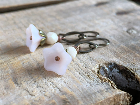 Nature Inspired Czech Glass Flower Earrings. Petite Floral Earrings. Ivory & Pink Earrings. Pastel Jewellery