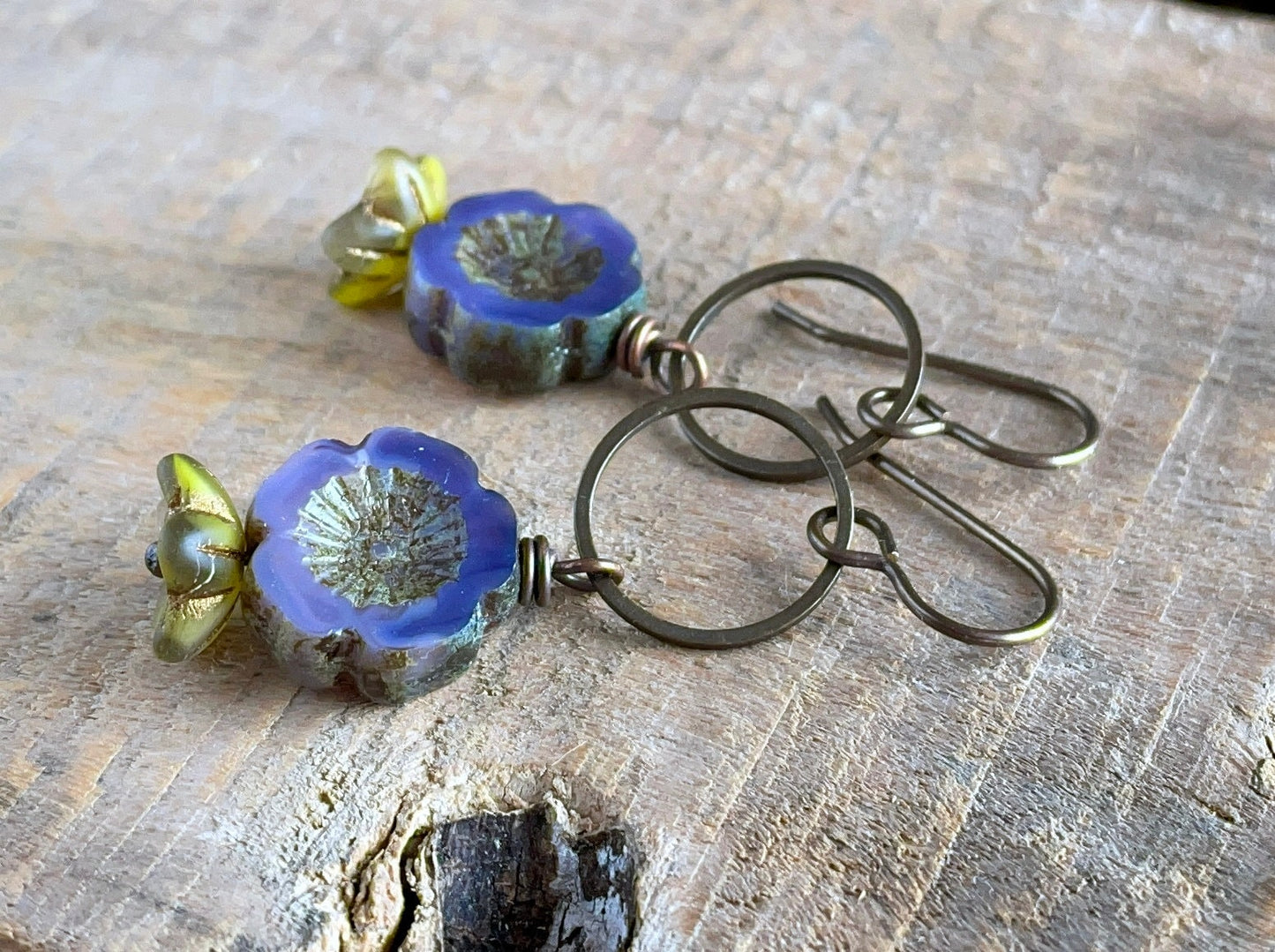 Purple & Green Glass Flower Earrings - Bohemian Floral Accessories - Handmade Nature Inspired Jewellery