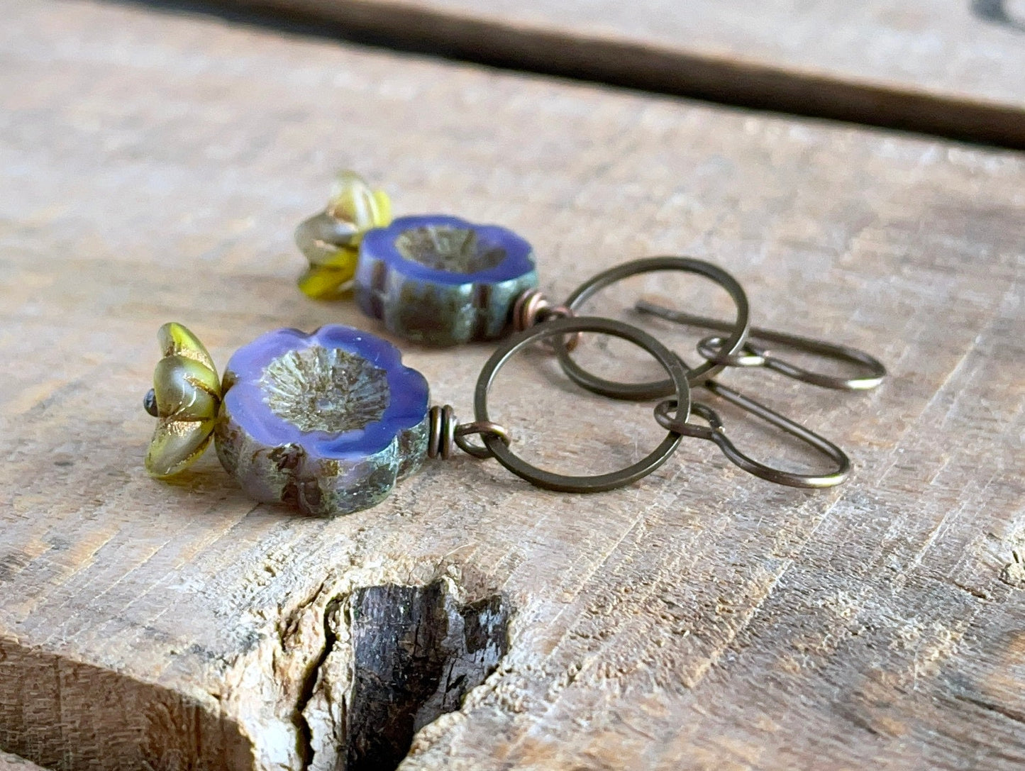 Purple & Green Glass Flower Earrings - Bohemian Floral Accessories - Handmade Nature Inspired Jewellery