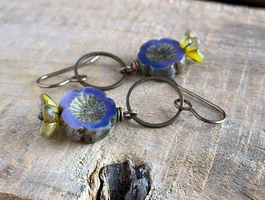 Purple & Green Glass Flower Earrings - Bohemian Floral Accessories - Handmade Nature Inspired Jewellery