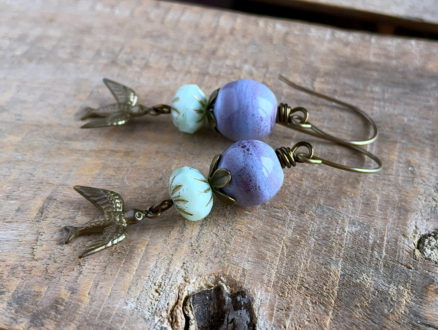 Flying Bird Earrings – Whimsical Boho Style. Purple & Green Dangles. Artisan Handcrafted Jewellery