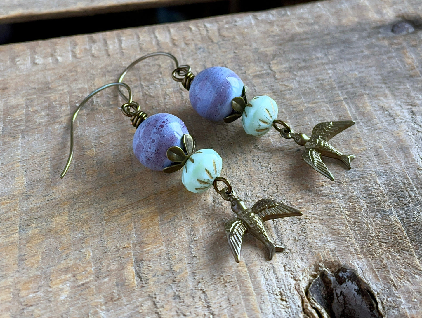 Flying Bird Earrings – Whimsical Boho Style. Purple & Green Dangles. Artisan Handcrafted Jewellery