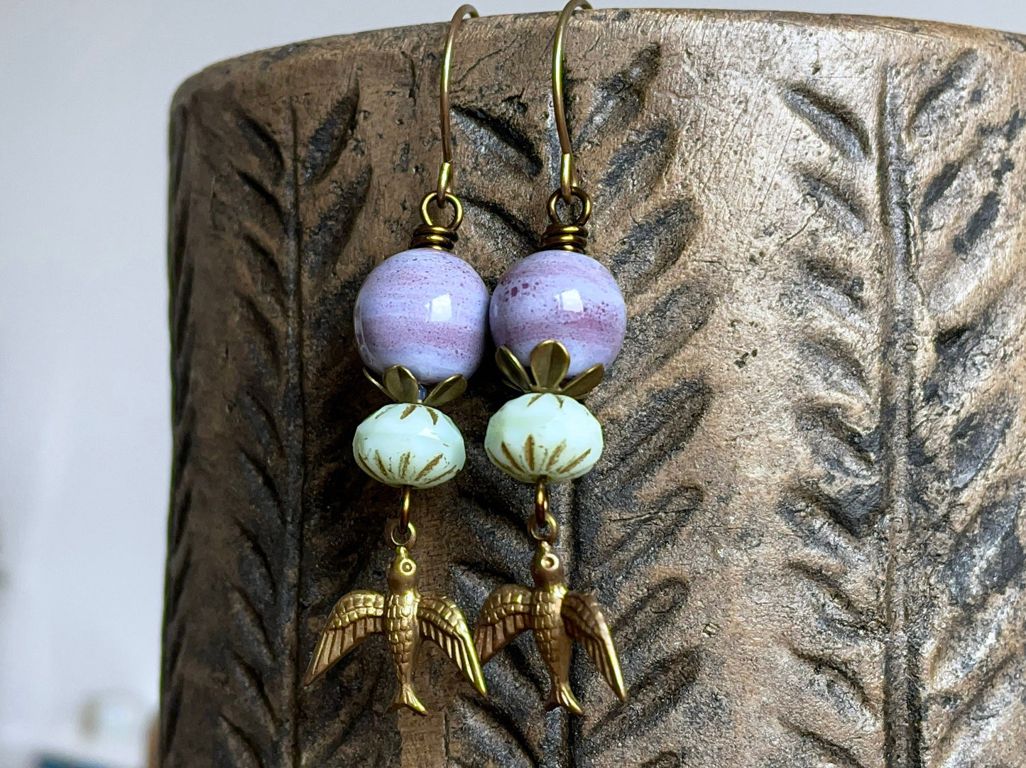 Flying Bird Earrings – Whimsical Boho Style. Purple & Green Dangles. Artisan Handcrafted Jewellery