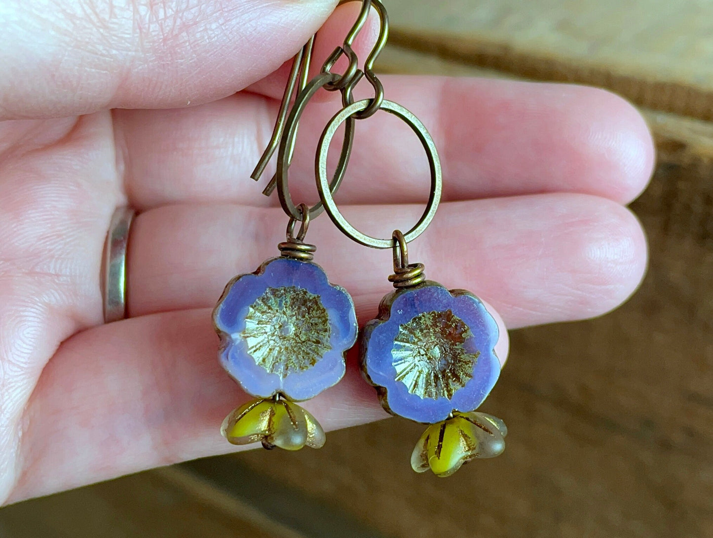 Purple & Green Glass Flower Earrings - Bohemian Floral Accessories - Handmade Nature Inspired Jewellery