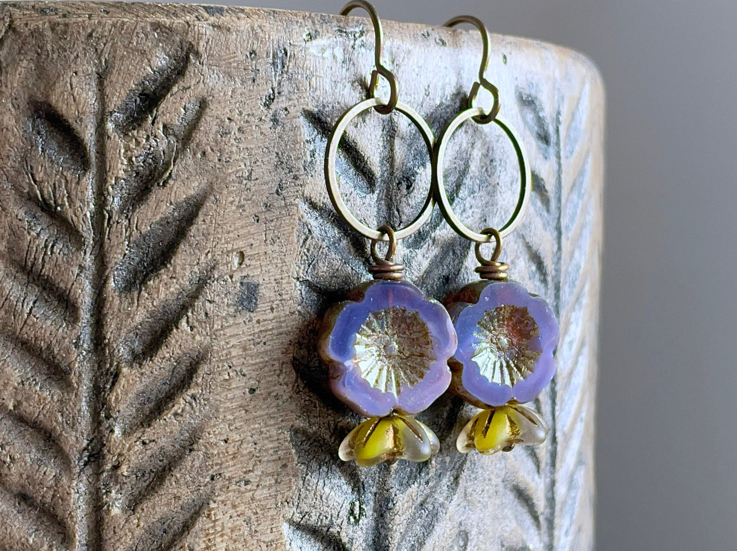 Purple & Green Glass Flower Earrings - Bohemian Floral Accessories - Handmade Nature Inspired Jewellery