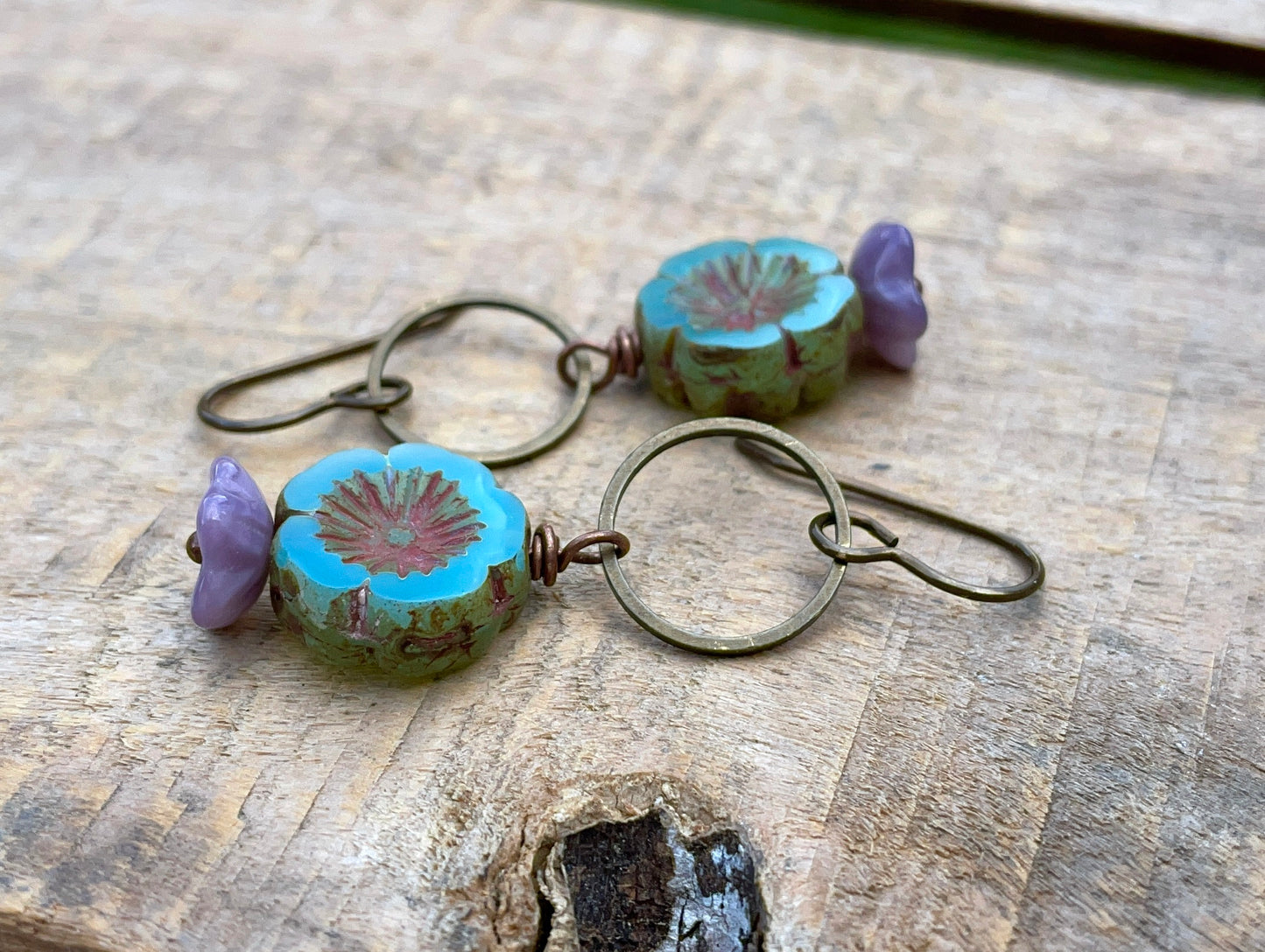 Rustic Flower Bead Earrings in Seafoam Green & Lavender Purple - Nature Inspired Brass Jewellery