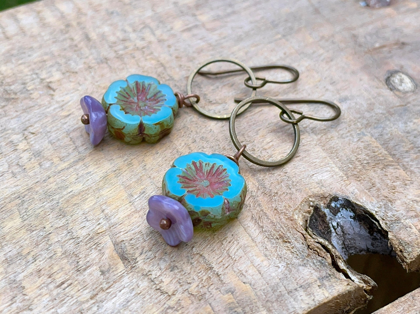 Rustic Flower Bead Earrings in Seafoam Green & Lavender Purple - Nature Inspired Brass Jewellery