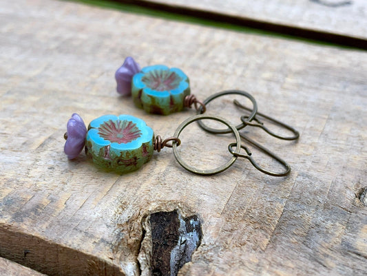 Rustic Flower Bead Earrings in Seafoam Green & Lavender Purple - Nature Inspired Brass Jewellery