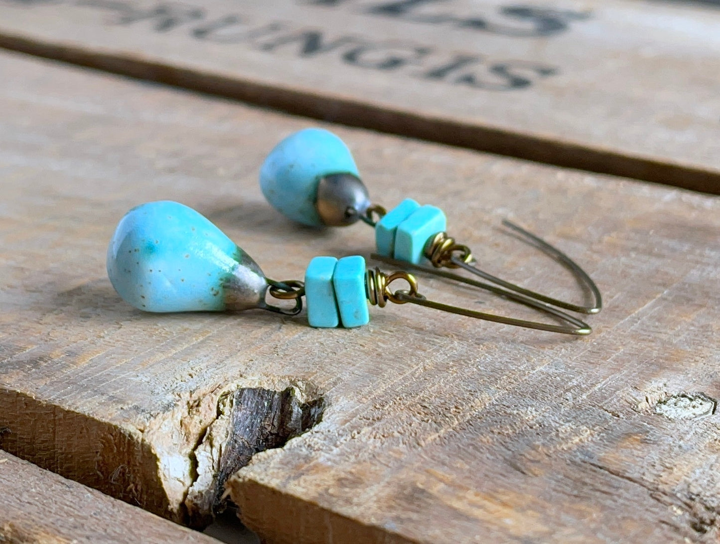 Turquoise Blue Artisan Ceramic Drop Earrings – Handcrafted Rustic Drops, One of a Kind Jewellery