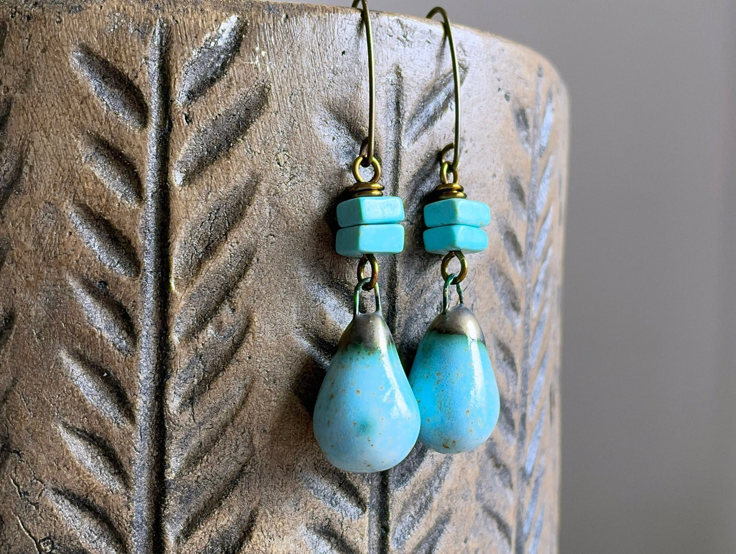 Turquoise Blue Artisan Ceramic Drop Earrings – Handcrafted Rustic Drops, One of a Kind Jewellery