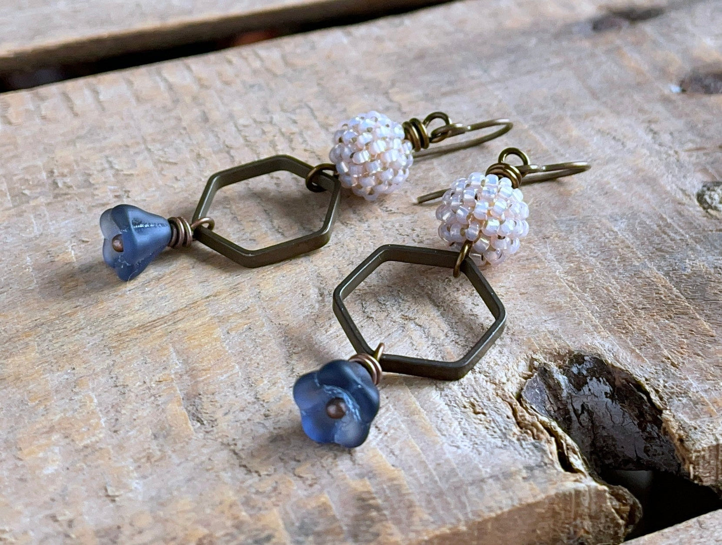 Hand Antiqued Brass Hexagon Earrings - Artisan Beaded Bohemian Jewellery - One of a Kind