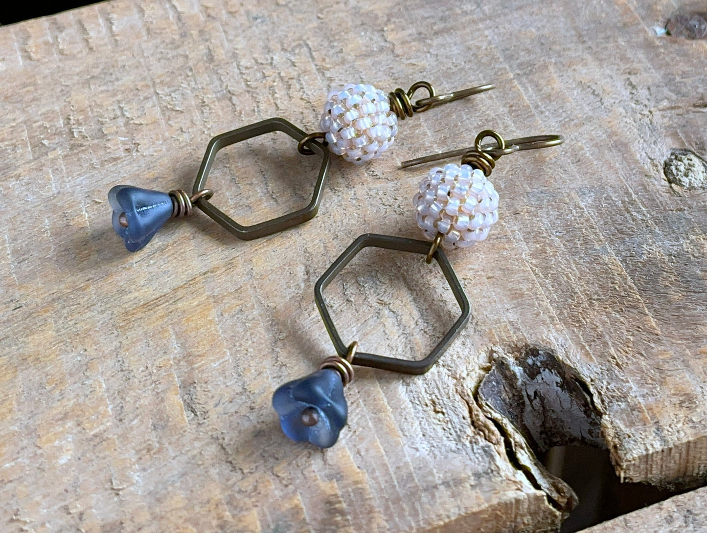 Hand Antiqued Brass Hexagon Earrings - Artisan Beaded Bohemian Jewellery - One of a Kind