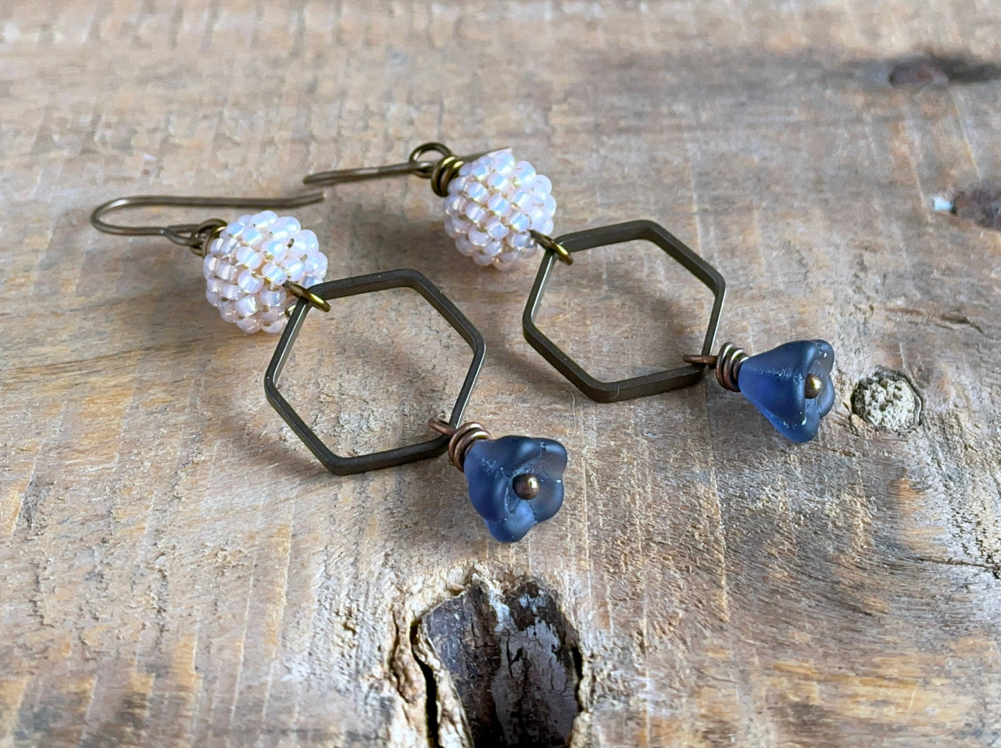 Hand Antiqued Brass Hexagon Earrings - Artisan Beaded Bohemian Jewellery - One of a Kind