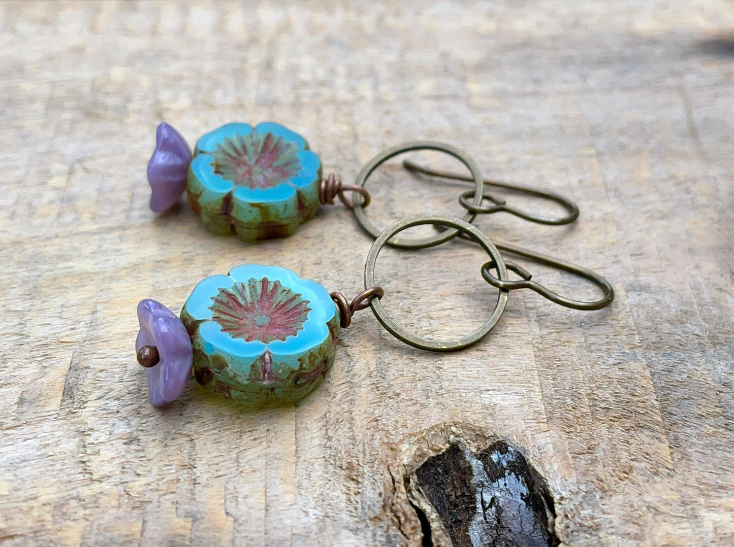 Rustic Flower Bead Earrings in Seafoam Green & Lavender Purple - Nature Inspired Brass Jewellery