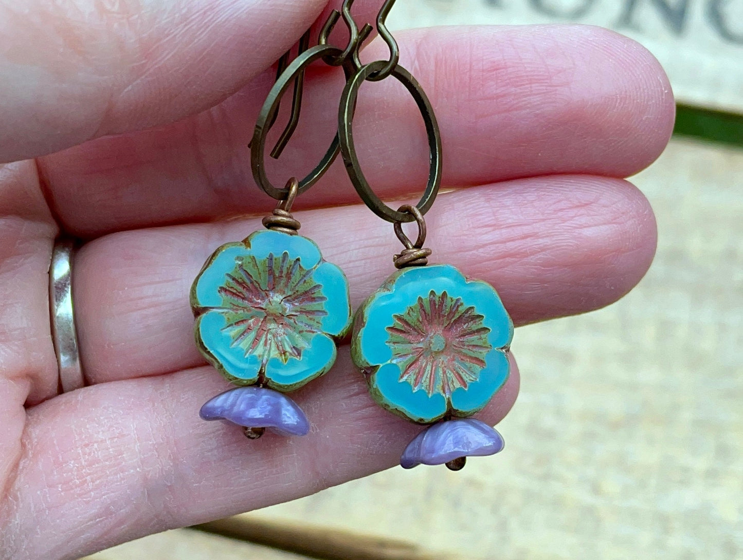 Rustic Flower Bead Earrings in Seafoam Green & Lavender Purple - Nature Inspired Brass Jewellery