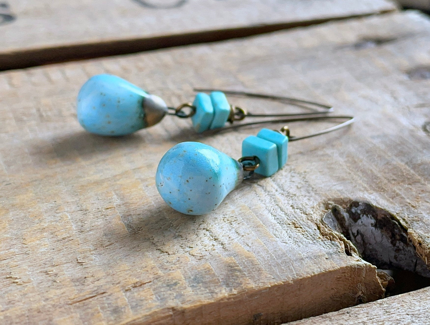 Turquoise Blue Artisan Ceramic Drop Earrings – Handcrafted Rustic Drops, One of a Kind Jewellery