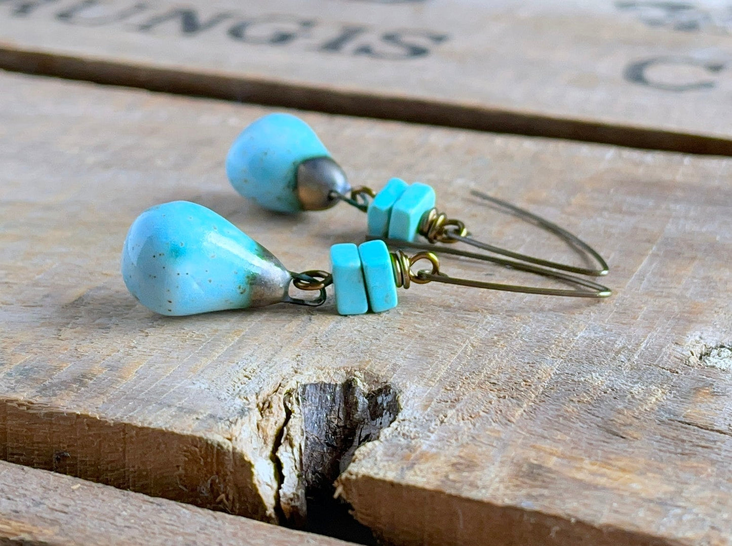 Turquoise Blue Artisan Ceramic Drop Earrings – Handcrafted Rustic Drops, One of a Kind Jewellery