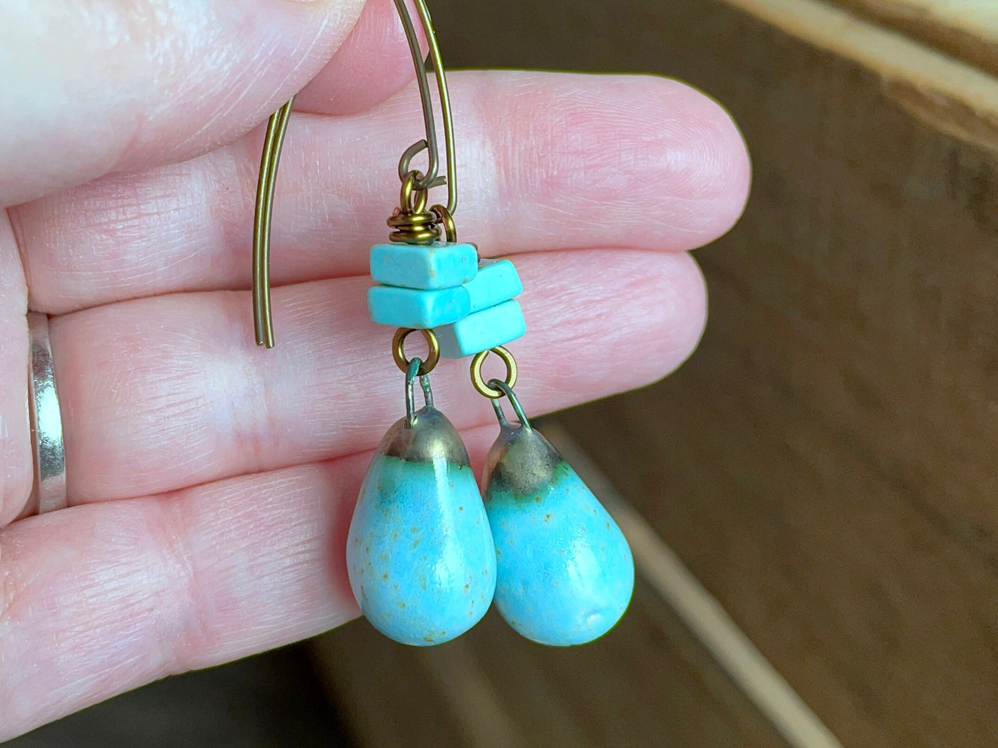 Turquoise Blue Artisan Ceramic Drop Earrings – Handcrafted Rustic Drops, One of a Kind Jewellery