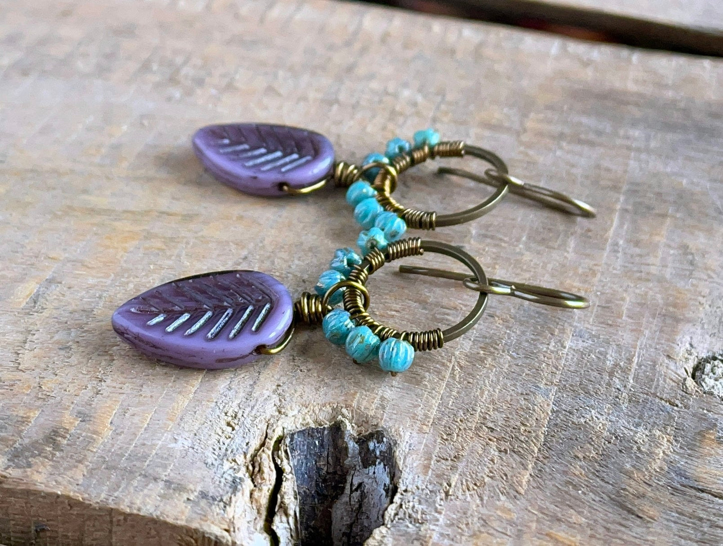 Colourful Lavender & Turquoise Glass Earrings - Wire Wrapped Hoops, Purple Leaf Design, Handcrafted Jewellery