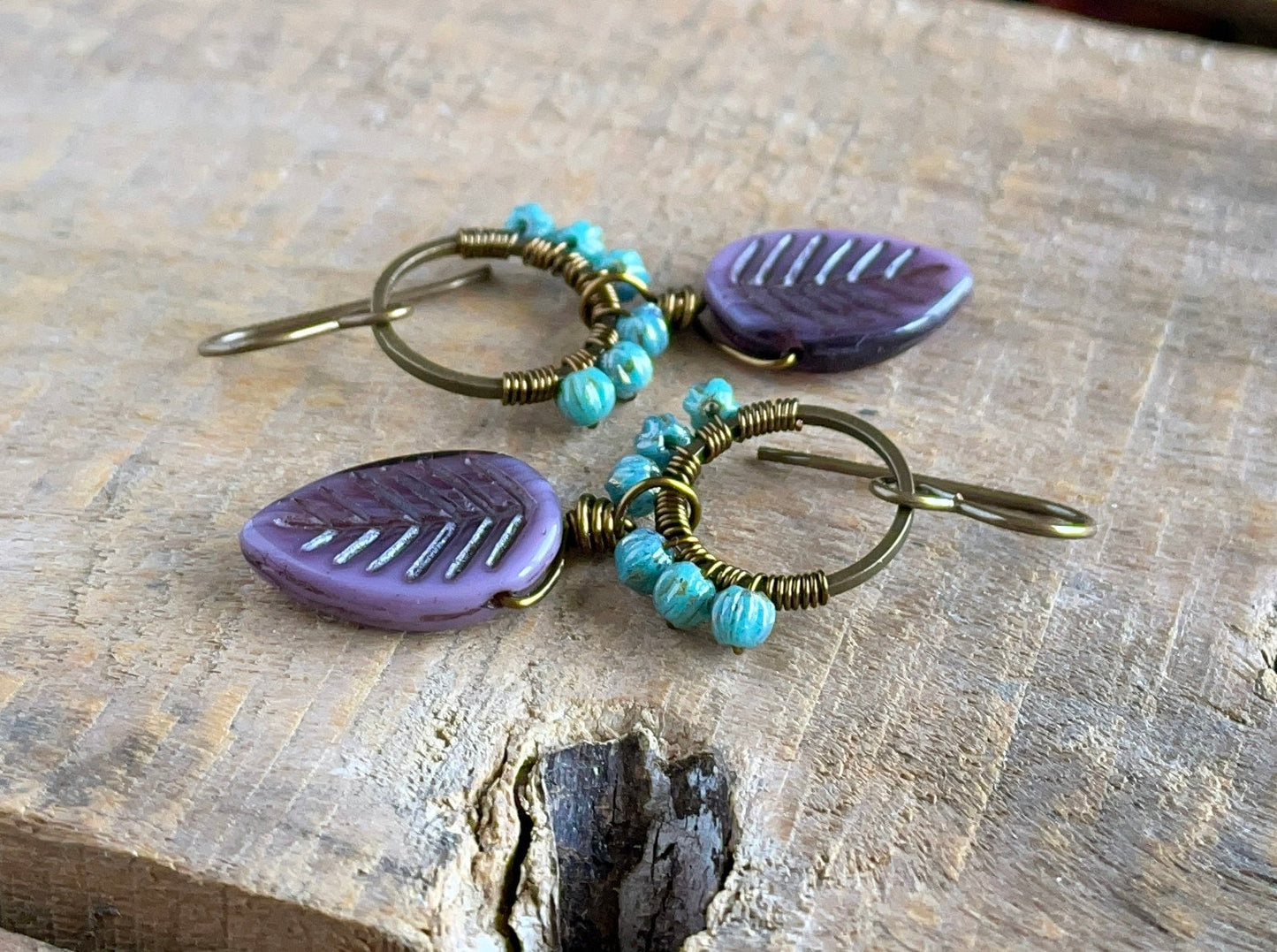 Colourful Lavender & Turquoise Glass Earrings - Wire Wrapped Hoops, Purple Leaf Design, Handcrafted Jewellery