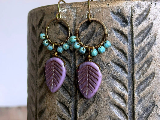 Colourful Lavender & Turquoise Glass Earrings - Wire Wrapped Hoops, Purple Leaf Design, Handcrafted Jewellery