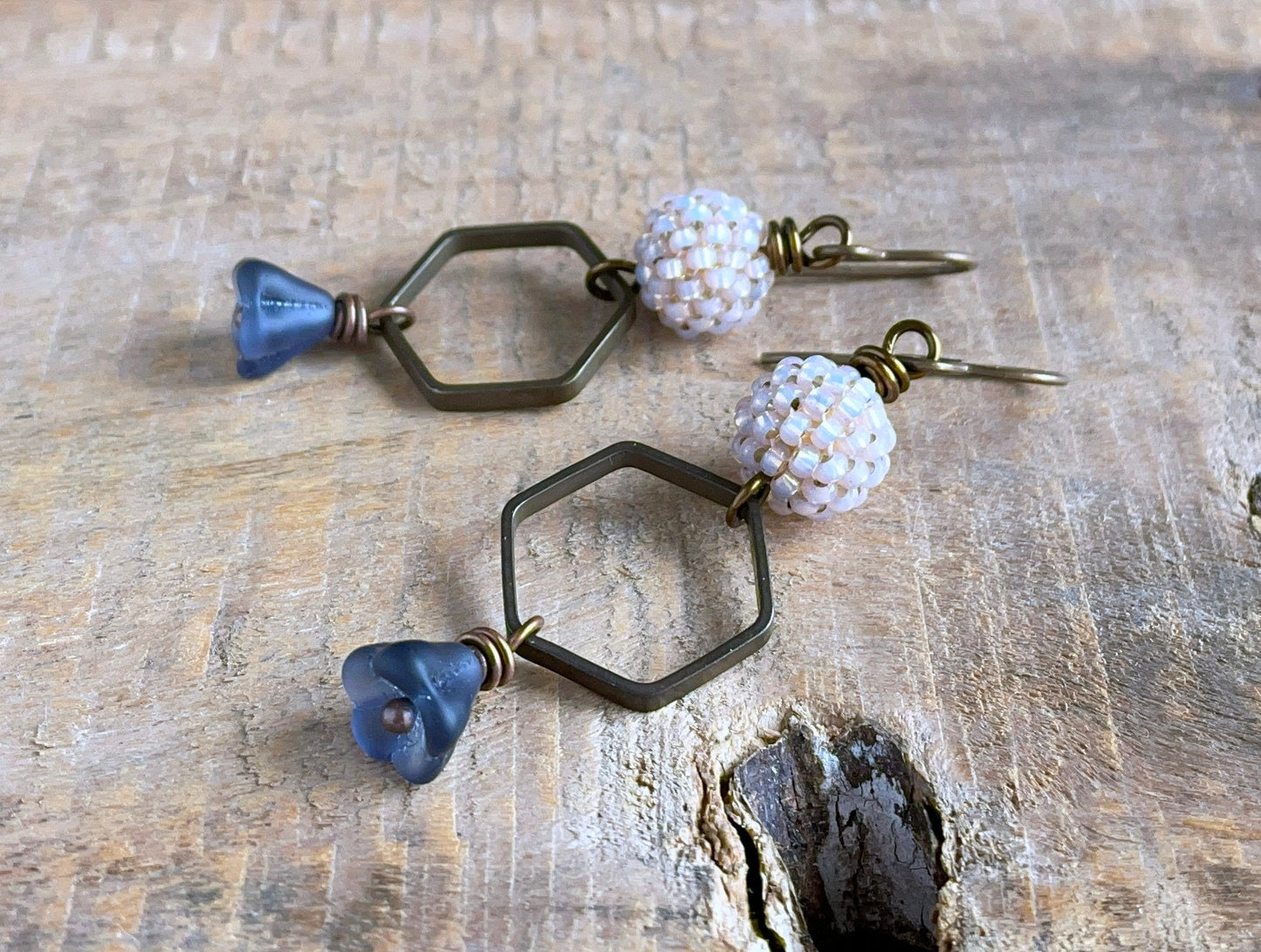 Hand Antiqued Brass Hexagon Earrings - Artisan Beaded Bohemian Jewellery - One of a Kind