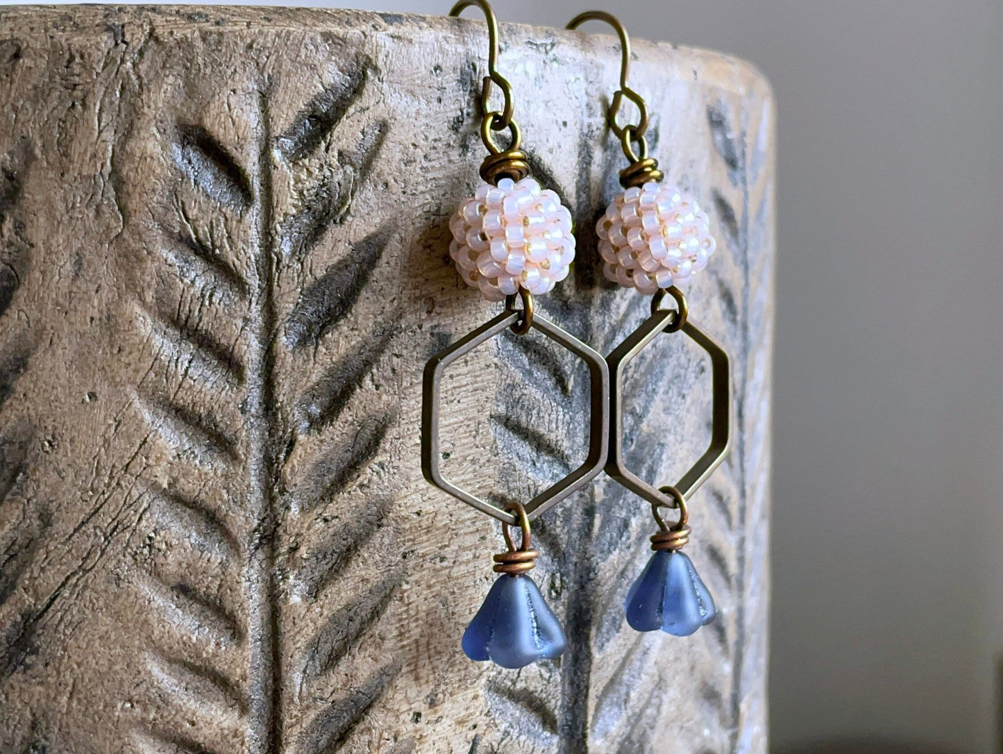 Hand Antiqued Brass Hexagon Earrings - Artisan Beaded Bohemian Jewellery - One of a Kind