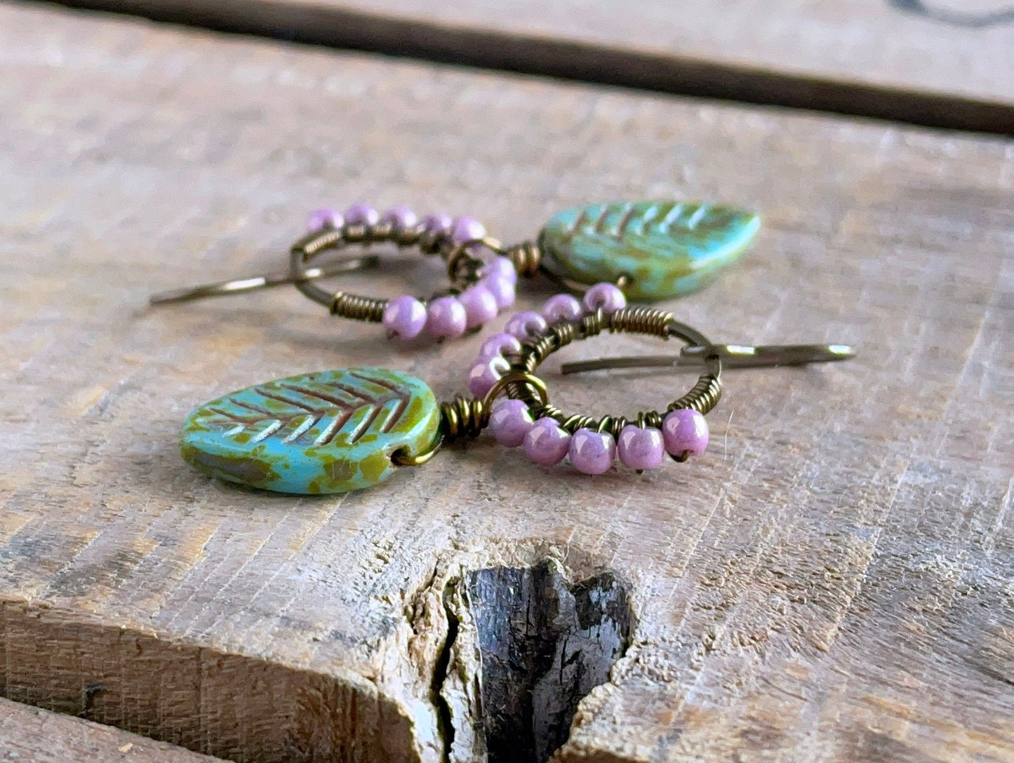 Earthy Turquoise Green Leaf Earrings - Wire Wrapped Czech Glass Hoops, Spring Inspired Jewellery