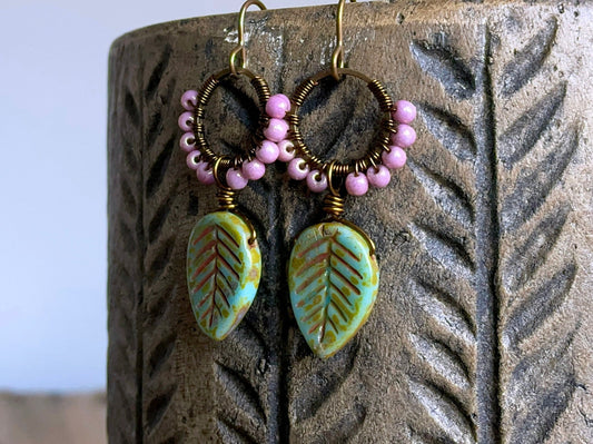 Earthy Turquoise Green Leaf Earrings - Wire Wrapped Czech Glass Hoops, Spring Inspired Jewellery