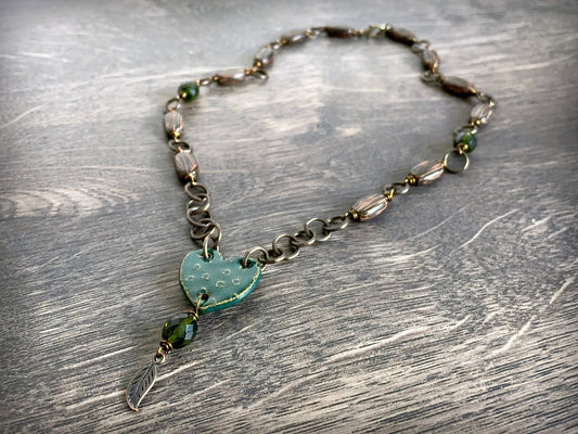 Emerald Green Artisan Ceramic Heart Necklace with Brass Chain. Rustic Wooden Bead Necklace. Unique Handcrafted Jewellery