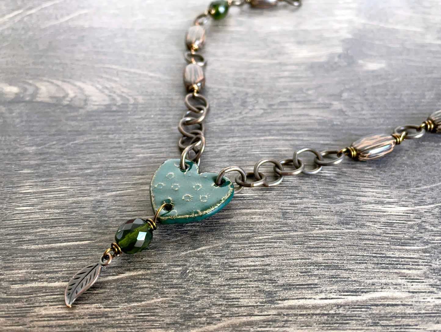 Emerald Green Artisan Ceramic Heart Necklace with Brass Chain. Rustic Wooden Bead Necklace. Unique Handcrafted Jewellery