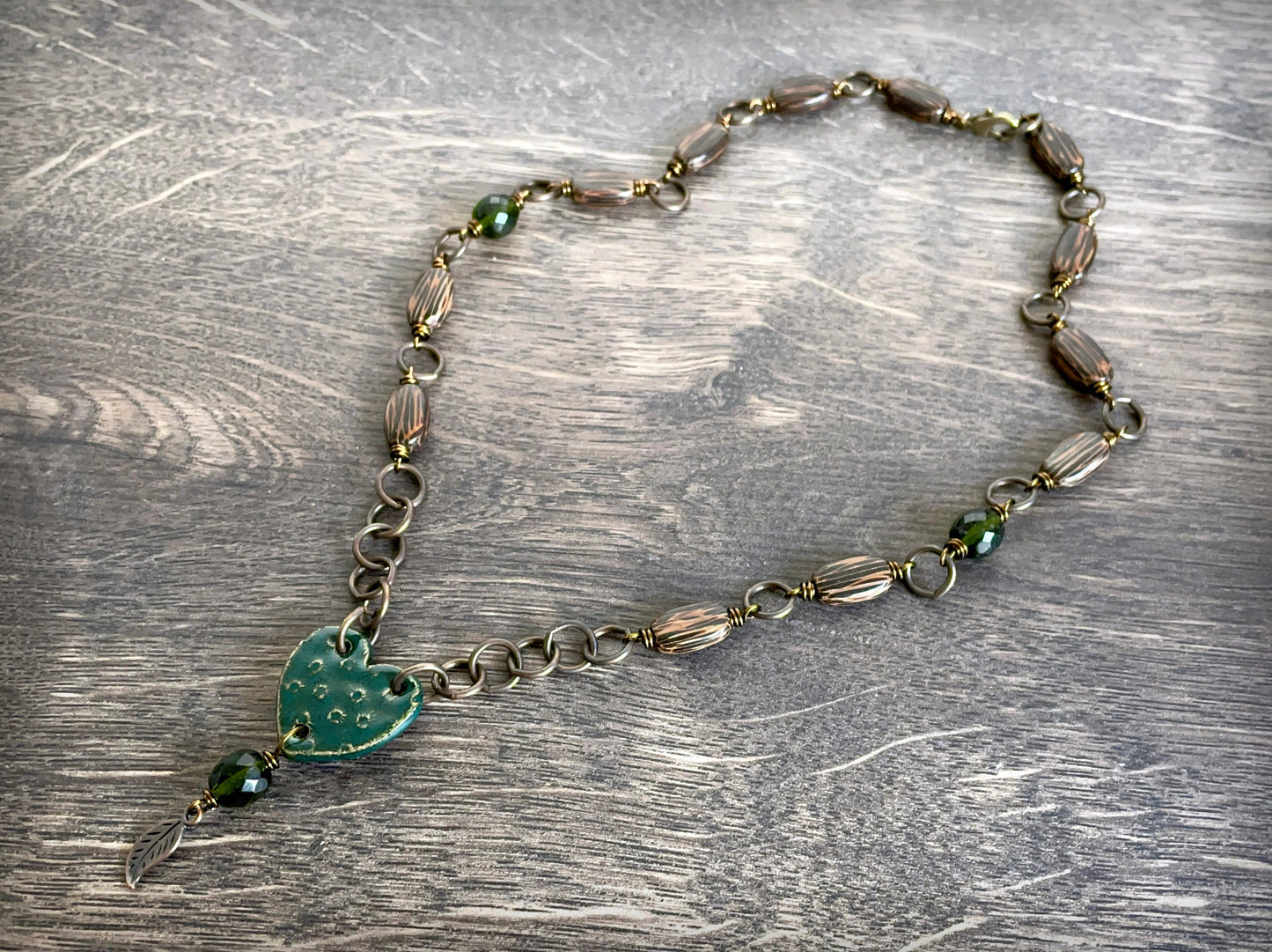 Emerald Green Artisan Ceramic Heart Necklace with Brass Chain. Rustic Wooden Bead Necklace. Unique Handcrafted Jewellery